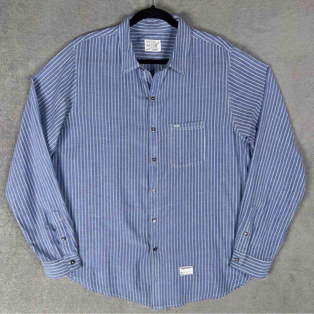 Aviator Colby Kane Long Sleeve Button Up Shirt Men's XL Blue‎ White Stripe USA